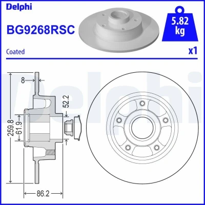 Bilde av DELPHI BG9268RSC Bremseskiver 260 8 5 fullt ut belagt ubehandlet med hjullager, ABS senorring, lager RENAULT: Megane 4