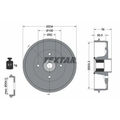 Bilde av TEXTAR 94045000 Bremsetrommel med ABS senorring, hjullager, uten hjulfestebolt, hjulnav 234 NISSAN: MICRA 3, Note I