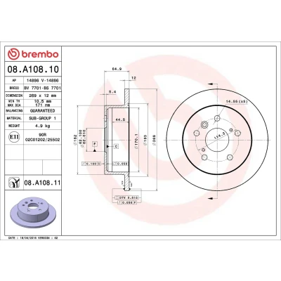 Bilde av BREMBO 08.A108.10 Bremseskiver 269 12 5 fullt ut TOYOTA: Camry V Sedan