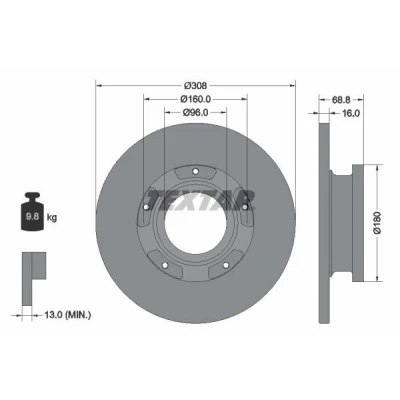 Bilde av TEXTAR PRO 92273903 Bremseskiver 308 16 05/05 160 fullt ut belagt med ABS senorring, uten hjulfestebolt, hjulnav FORD: Transit Custom V362 Van