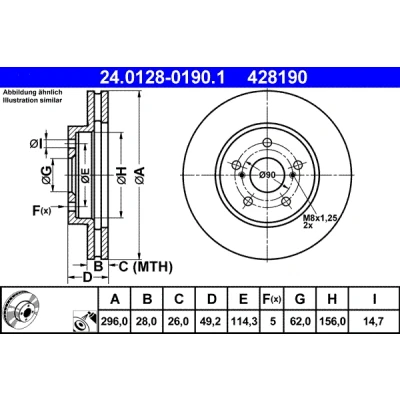 Bilde av ATE 24.0128 0190.1 Bremseskiver 296,0 28,0 5 114,3 ventilert belagt TOYOTA: Previa / Estima II, Camry V Sedan