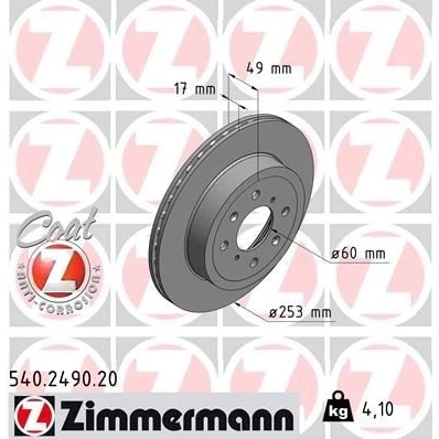 Bilde av ZIMMERMANN COAT Z 540.2490.20 Bremseskiver 253 17 8/4 4 100 innvendig ventilert belagt SUZUKI: IGNIS 2, SUBARU: JUSTY 3