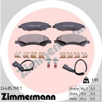 Bilde av ZIMMERMANN 24485.190.1 Bremseklosser inkl. slitasjevarselkontakt med skruer Bildet viser leveranseinnholdet, glideplate FORD: Transit Mk6 Van