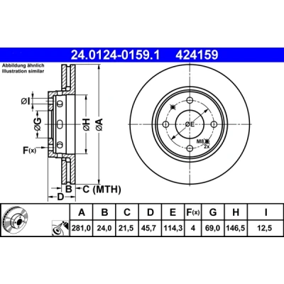 Bilde av ATE 24.0124 0159.1 Bremseskiver 281,0 24,0 4 114,3 ventilert belagt VOLVO: V40 Stasjonsvogn, S40 I, MITSUBISHI: Carisma Sedan, Hatchback