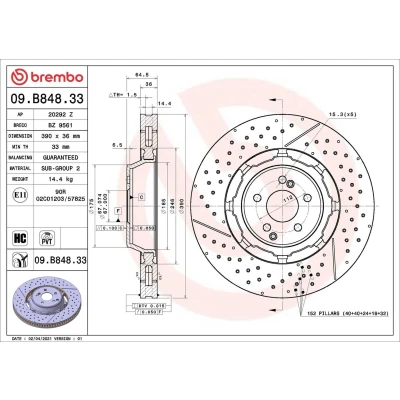 Bilde av BREMBO 09.B848.33 Bremseskiver 390 36 5 innvendig ventilert, slisset / perforert, todelt bremseskive belagt høy karbon MERCEDES BENZ: E Klasse Sedan