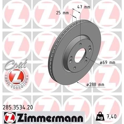 Bilde av ZIMMERMANN 285.3534.20 Bremseskiver 288 25 7/5 5 114 innvendig ventilert belagt HYUNDAI: i30 III Hatchback