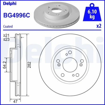 Bilde av DELPHI BG4996C Bremseskiver 282 23 5 ventilert belagt ubehandlet uten hjullager, ABS sensorring HONDA: CIVIC 10