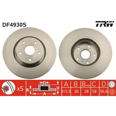 Bilde av TRW DF4930S Bremseskiver 315,5 30 5 114,3 ventilert spraylakkert høy karbon SUBARU: Outback IV, V, Tribeca