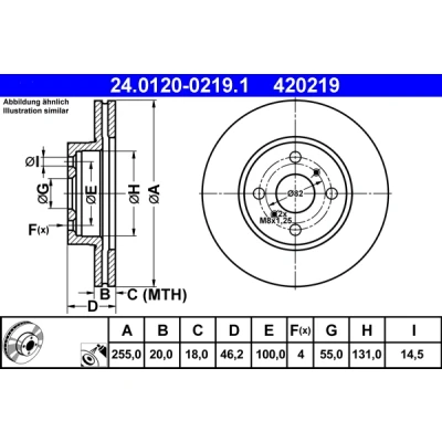 Bilde av ATE 24.0120 0219.1 Bremseskiver 255,0 20,0 4 100,0 ventilert belagt TOYOTA: iQ