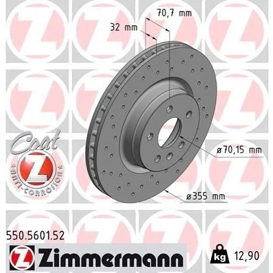 Bilde av ZIMMERMANN 550.5601.52 Bremseskiver 355 32 6/5 5 120 innvendig ventilert, hullet belagt høy karbon TESLA: Model S, X