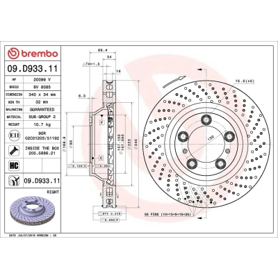 Bilde av BREMBO 09.D933.11 Bremseskiver 340 34 5 perforert / ventilert belagt høy karbon med skruer PORSCHE: 911 Coupé