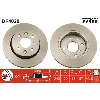 Bilde av TRW DF4020 Bremseskiver 242 20 4 100 ventilert spraylakkert FIAT: Panda II Hatchback