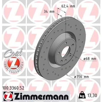 Bilde av ZIMMERMANN Bremseskive AUDI: A6 C7 Allroad 34mm 6/5 5 hull 112mm innvendig ventilert, hullet belagt høy karbon 100.3360.52 4G0615301AC,4G0615301C