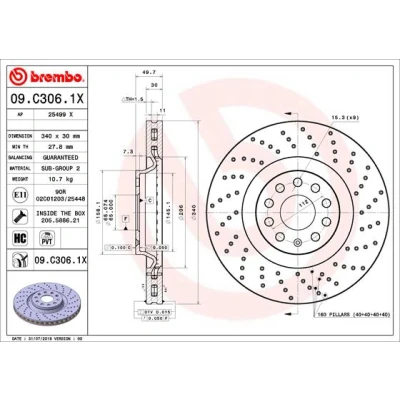 Bilde av BREMBO 09.C306.1X Bremseskiver 340 30 9 perforert / ventilert belagt høy karbon med skruer VOLKSWAGEN: Passat B8 Variant, Golf 7