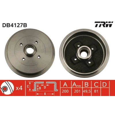Bilde av TRW DB4127B Bremsetrommel med lager, uten ABS sensorring VOLKSWAGEN: Passat B3/B4 Sedan, GOLF 3, Polo III Variant