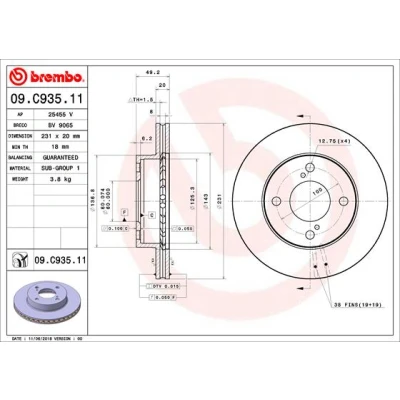 Bilde av BREMBO 09.C935.11 Bremseskiver 231 20 4 innvendig ventilert belagt