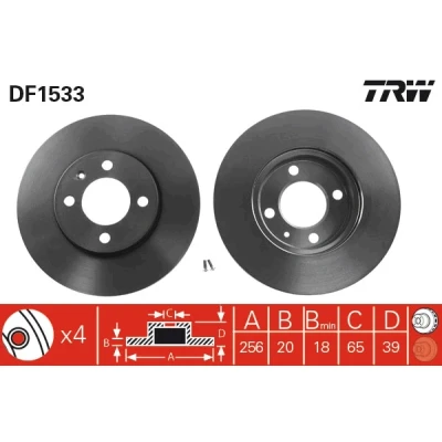 Bilde av TRW DF1533 Bremseskiver 256 20 4 100 ventilert spraylakkert VOLKSWAGEN: GOLF 3, 2, Polo III Hatchback