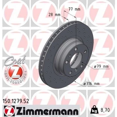 Bilde av ZIMMERMANN SPORT COAT Z 150.1279.52 Bremseskiver 316 28 7/5 5 120 innvendig ventilert, hullet belagt høy karbon BMW: 7