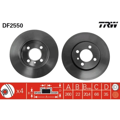 Bilde av TRW DF2550 Bremseskiver 260 22 4 100 ventilert spraylakkert høy karbon BMW: 3 Sedan, Cabrio, Touring