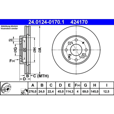 Bilde av ATE 24.0124 0170.1 Bremseskiver 276,0 24,0 4 114,3 ventilert belagt MITSUBISHI: GALANT 6, 6