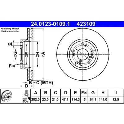 Bilde av ATE 24.0123 0109.1 Bremseskiver 282,0 23,0 5 114,3 ventilert belagt med skruer HONDA: CR V 2, CIVIC 7 Hatchback