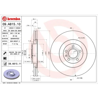Bilde av BREMBO COATED DISC LINE 09.A815.11 Bremseskiver 345 30 5 innvendig ventilert belagt høy karbon med skruer AUDI: A4 B7 Avant, B6 Sedan