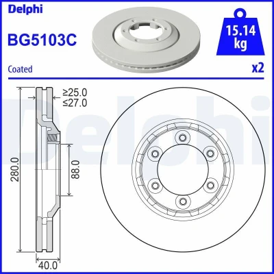 Bilde av DELPHI BG5103C Bremseskiver 280 27 6 ventilert belagt ubehandlet uten hjullager, ABS sensorring ISUZU: D Max II Pick up