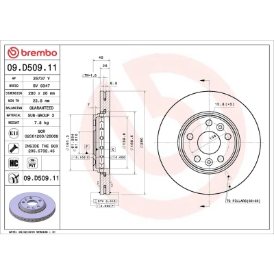 Bilde av BREMBO 09.D509.11 Bremseskiver 280 26 5 innvendig ventilert belagt høy karbon med skruer RENAULT: Kangoo II Express, / Grand