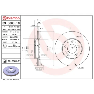Bilde av BREMBO COATED DISC LINE 09.6863.11 Bremseskiver 274 28 5 innvendig ventilert belagt