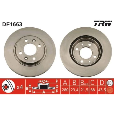 Bilde av TRW DF1663 Bremseskiver 280 23,4 4 108 ventilert spraylakkert med skruer SAAB: 9000 Hatchback