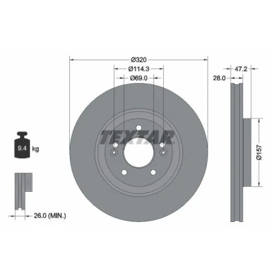 Bilde av TEXTAR 92306303 Bremseskiver 320 28 05/07 114,3 innvendig ventilert belagt uten hjulfestebolt, hjulnav HYUNDAI: Tucson, KIA: Sportage IV