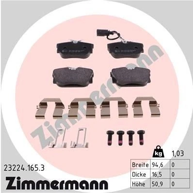 Bilde av ZIMMERMANN 23224.165.3 Bremseklosser inkl. slitasjevarselkontakt med skruer Bildet viser leveranseinnholdet, fjær VOLKSWAGEN: TRANSPORTER 4 Bus
