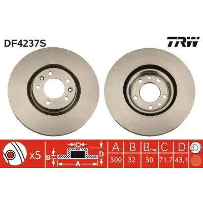 Bilde av TRW DF4237S Bremseskiver 309 32 5 108 ventilert PEUGEOT: 607 Sedan