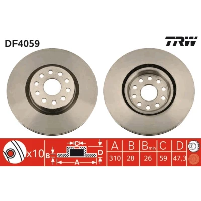 Bilde av TRW DF4059 Bremseskiver 310 28 10 108 ventilert spraylakkert LANCIA: Kappa Sedan, ALFA ROMEO: 166