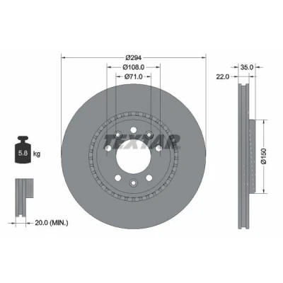 Bilde av TEXTAR PRO 92287103 Bremseskiver 294 22 05/08 108 utvendig ventilert belagt uten hjullager, hjulfestebolt, hjulnav TOYOTA: Proace II Van