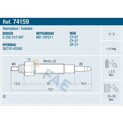 Bilde av FAE 74159 Glødeplugg 11V M 10x1,25 HYUNDAI: GALLOPER 2