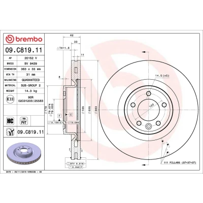 Bilde av BREMBO 09.C819.11 Bremseskiver 363 33 5 innvendig ventilert belagt høy karbon LAND ROVER: Range Rover 4, Sport, Discovery