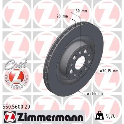 Bilde av ZIMMERMANN Bremseskive TESLA: Model S 365mm 28mm 6/5 5 hull 120mm innvendig ventilert belagt høy karbon 550.5600.20 102763200B,142063100A,6006431