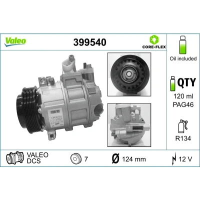 Bilde av VALEO 399540 Kompressor DCS 12 PAG 46 R 134a med kompressorlje MERCEDES BENZ: C Klasse Sedan, T modell, E modell