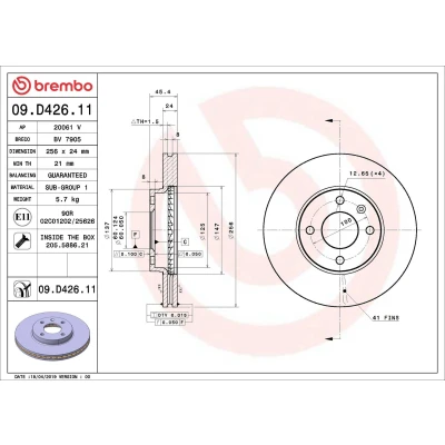 Bilde av BREMBO 09.D426.11 Bremseskiver 256 24 4 innvendig ventilert belagt med skruer