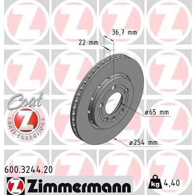 Bilde av ZIMMERMANN COAT Z 600.3244.20 Bremseskiver 254 22 6/5 5 100 utvendig ventilert belagt høy karbon VOLKSWAGEN: Polo V Hatchback