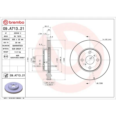 Bilde av BREMBO 09.A713.21 Bremseskiver 255 22 4 innvendig ventilert belagt TOYOTA: Corolla IX Station Wagon, Sedan
