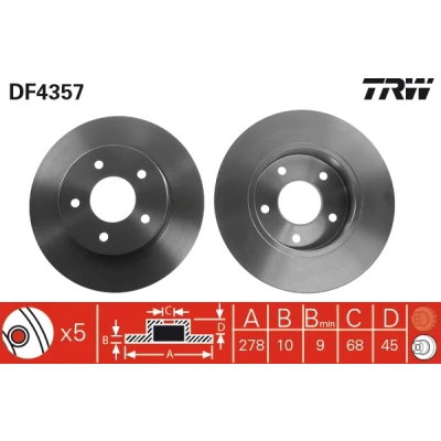 Bilde av TRW DF4357 Bremseskiver 278 10 5 114,3 fullt ut spraylakkert NISSAN: Primera Hatchback