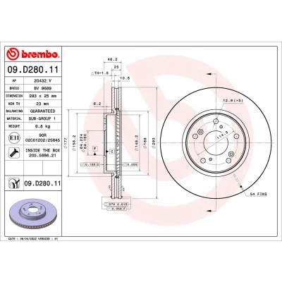 Bilde av BREMBO 09.D280.11 Bremseskiver 293 25 5 innvendig ventilert belagt med skruer