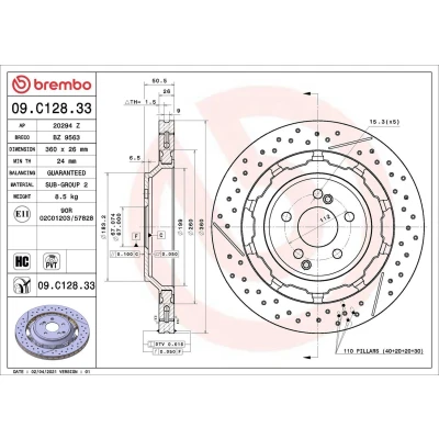 Bilde av BREMBO 09.C128.33 Bremseskiver 360 26 5 innvendig ventilert, slisset / perforert, todelt bremseskive belagt høy karbon MERCEDES BENZ: E Klasse Sedan