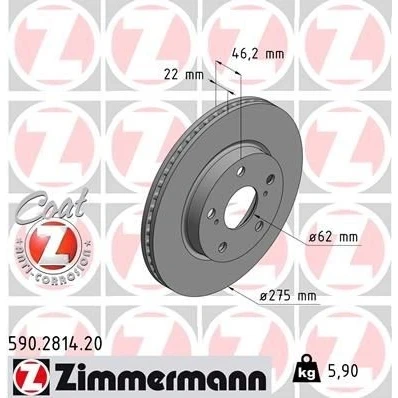 Bilde av ZIMMERMANN COAT Z 590.2814.20 Bremseskiver 275 22 7/5 5 114 innvendig ventilert belagt høy karbon TOYOTA: Auris Hatchback, Corolla XI Sedan