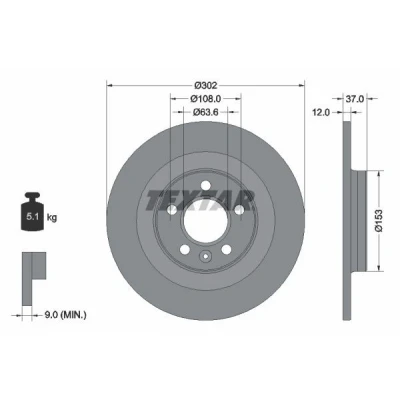 Bilde av TEXTAR 92304703 Bremseskiver 302 12 05/06 108 fullt ut belagt uten hjulfestebolt, hjulnav VOLVO: XC40