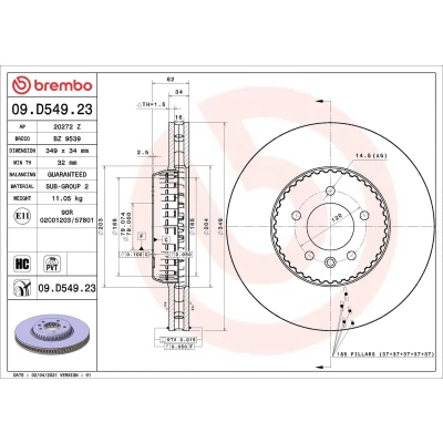 Bilde av BREMBO 09.D549.23 Bremseskiver 349 34 5 todelt bremseskive, innvendig ventilert belagt høy karbon