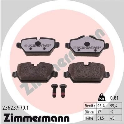 Bilde av ZIMMERMANN 23623.970.1 Bremseklosser klargjort for slitasjeindikator med skruer Bildet viser leveranseinnholdet BMW: 3 Touring, Sedan, 1 Hatchback