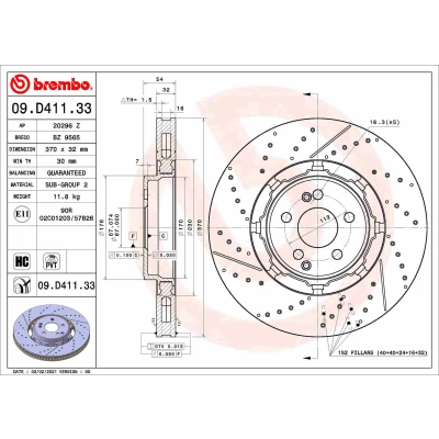 Bilde av BREMBO 09.D411.33 Bremseskiver 370 32 5 slisset / perforert, todelt bremseskive, innvendig ventilert belagt høy karbon